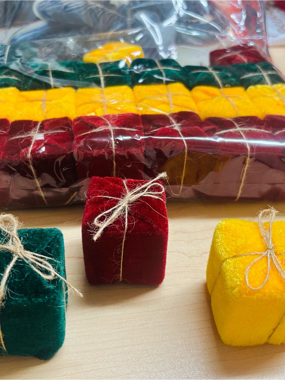 24 Mini Velvet Gift Ring Boxes - Red, Green & Yellow Set